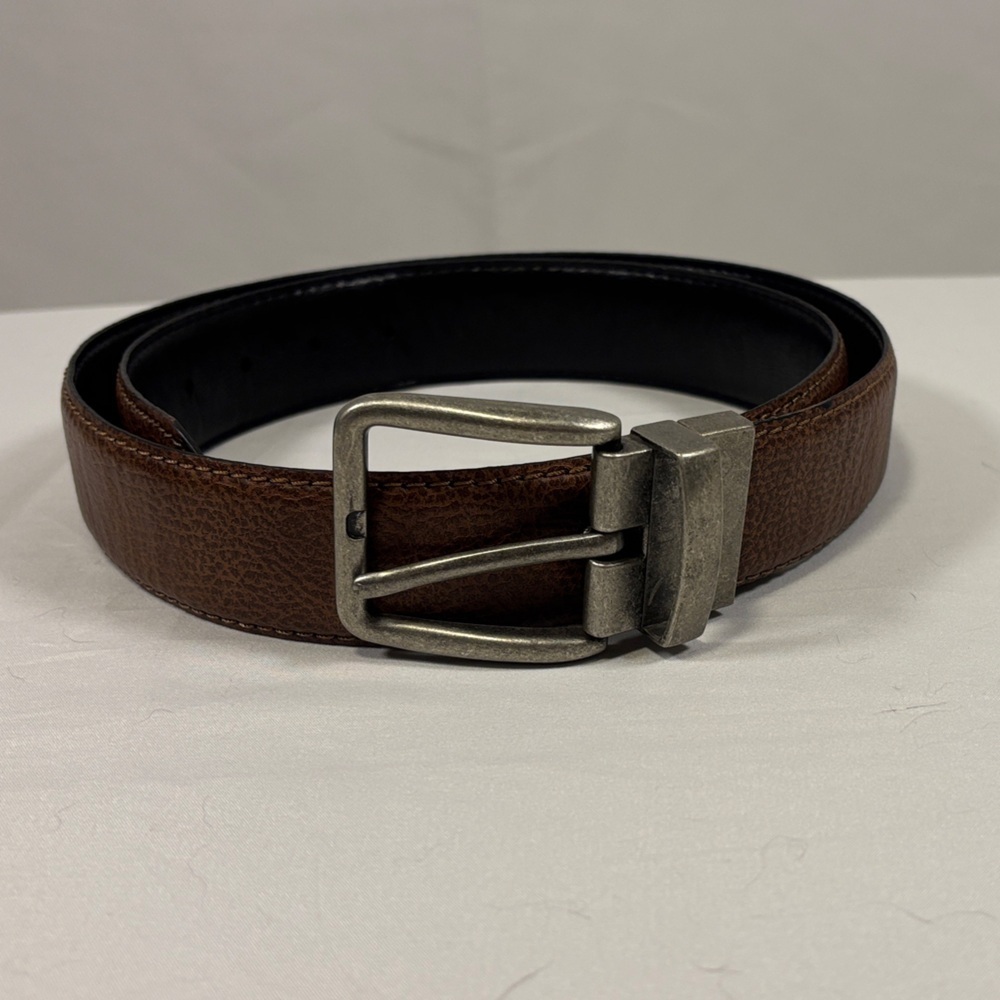 Reversible Men’s Brown and Black Leather Belt with Silver Buckle Size 38